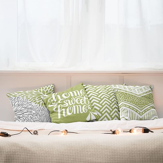 Ambesonne Geometric Throw Pillow Cushion Case Pack of 4, Home Phrase Minimal Zigzag Squama Dahlia Flower Petals Chevron Tribal, Modern Accent Double-Sided Digital Printing, 16", Green and White