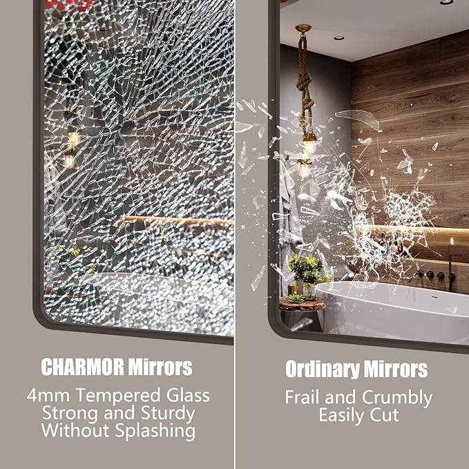 28x36 Bronze Framed Mirror, Brushed Bronze Metal Bathroom Vanity Mirror for Wall, Modern Rectangle Mirror, Rounded Corner, Anti-Rust, Tempered Shatterproof (Horizontal/Vertical)