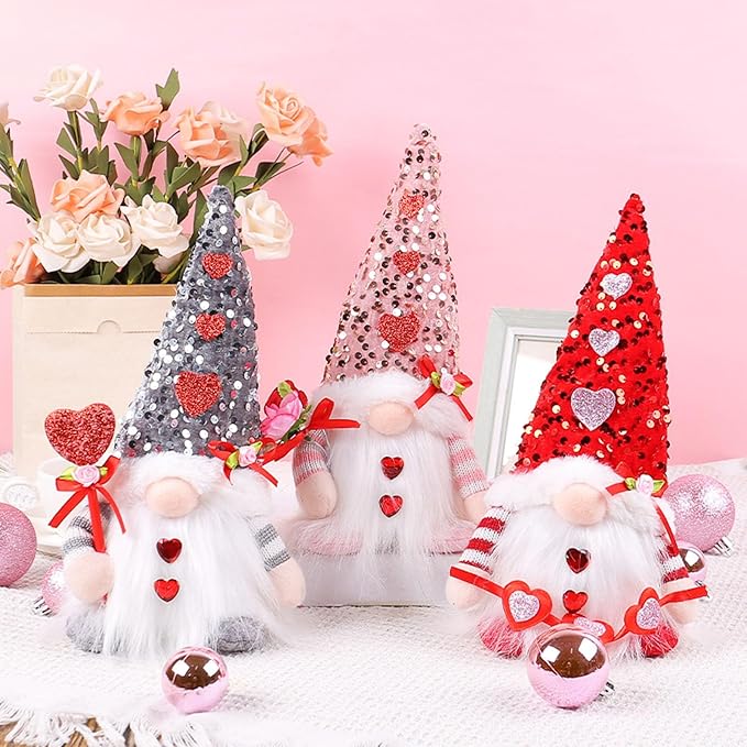 Light Up Gnome Valentine's Day Decorations Indoor Home Decor 11" Lighted Valentines Gnomes Decor Plush Scandinavian Tomte Elf Holiday Gnomes Ornaments Valentines Day Gifts for Her (3 Pcs)
