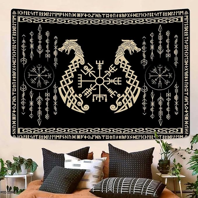 OSUNBD Nordic Vikings Tapestry, Small 4030 inches Soft Flannel, Vegvsir Symbol Twins Dragons Celtic Rune Scandinavian Aesthetic Mythology Tapestry Wall Hanging for Bedroom Living Room Decor