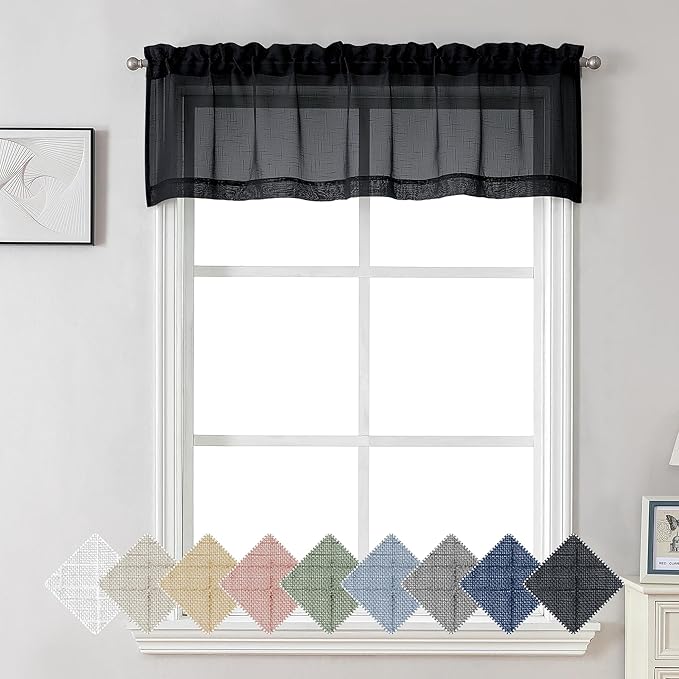 Aiyufeng Kirei Faux Linen Black Sheer Kitchen Valance Curtain 14 Inch Length, Soft Breathable Slub Textured Valance for Small Windows Farmhouse Basement Bedroom, 60X14 Inch, 1 Piece, Black