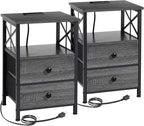 AMHANCIBLE Night Stand Set 2, Nightstand with Charging Station, End Tables Living Room with USB Ports and Outlets, Bedside Tables with Fabric Drawers for Bedroom, Dark Grey HET05XDG