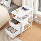 HOOBRO End Table with Charging Station, Narrow Side Table, Nightstand with 2 Non-Woven Drawers, Slim Sofa Side Table, for Small Spaces, Living Room, Bedroom, White WT486UBZ01