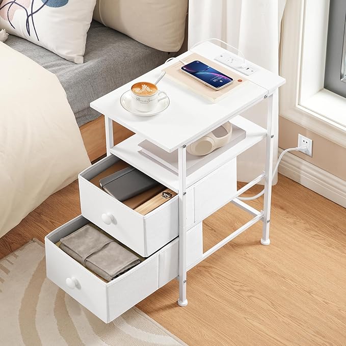 HOOBRO End Table with Charging Station, Narrow Side Table, Nightstand with 2 Non-Woven Drawers, Slim Sofa Side Table, for Small Spaces, Living Room, Bedroom, White WT486UBZ01