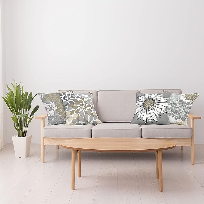 Ambesonne Floral Throw Pillow Cushion Case Pack of 4, Flower Petals Modern Color Palette Chamomile Peony Dahlia and Sunflower Print, Modern Accent Double-Sided Digital Printing, 16", Slate Brown Grey