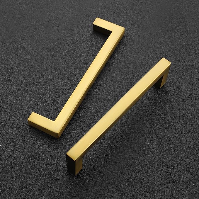 Ravinte 10 Pack Solid Kitchen Cabinet Handles Gold Slim Cabinet Pulls Drawer Pulls with 4 Inch Hole Center Square Bar Kitchen Cabinet Hardware Brushed Brass Cabinet pulls