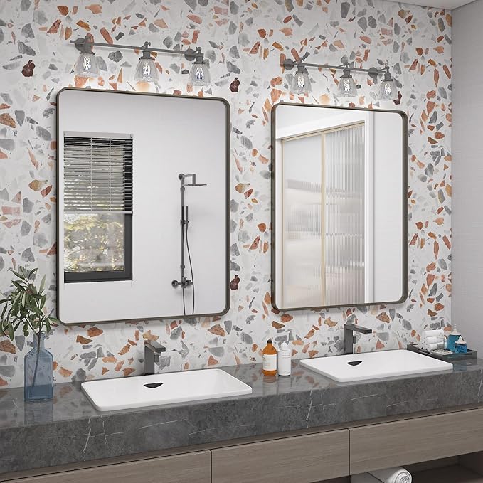 28x36 Bronze Framed Mirror, Brushed Bronze Metal Bathroom Vanity Mirror for Wall, Modern Rectangle Mirror, Rounded Corner, Anti-Rust, Tempered Shatterproof (Horizontal/Vertical)