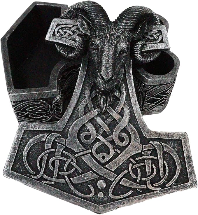 Ebros Gift Viking Ram Skull Thor Hammer Mjolnir with Runes Knotwork Decorative Jewelry Box Figurine Norse God of Thunder Scandinavian Mythology Collectible Trinket Stash Boxes