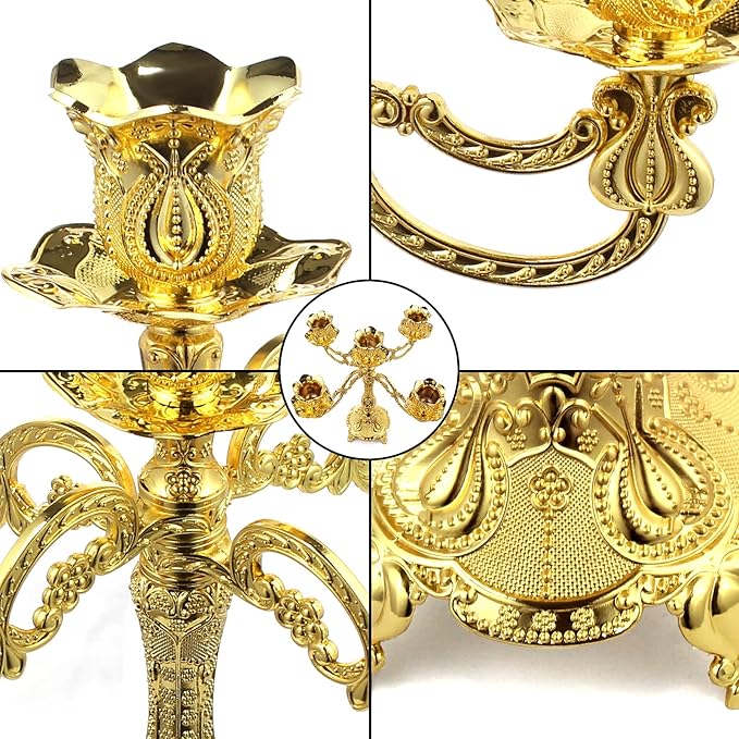 5-Candle Metal Candelabra 10.3 Inch Tall Candlestick Candle Holders for Home Decor Wedding Christmas Church Halloween Party, Gold Tulip