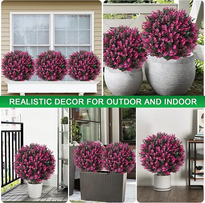 Artificial Pink Eucalyptus Topiary Ball Trees, 2 Set of 16'' UV Resistant Fake Evergreen Shrubs Bushes Plants with Ground Spike, Fake Plants for Outdoor Indoor Front Porch Garden