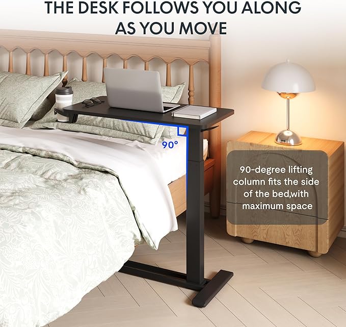 FLEXISPOT H7 Adjustable Overbed Bedside Table with Wheels Pneumatic Mobile Standing Desk Laptop Desk Rolling Computer Cart Movable Overbed Table Hospital Home Use(31.5" W x 17.7" D, Black Large)