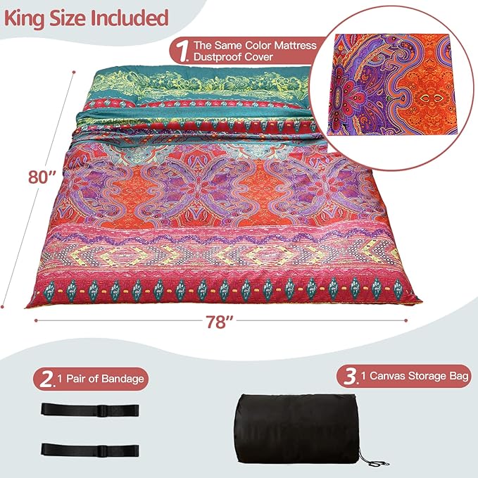 MAXYOYO Bohemian Retro Floor Mattress Boho Floral Style Japanese Futon Tatami Mat Foldable Bed Portable Camping Sleeping Pad Lounger Couch King Size