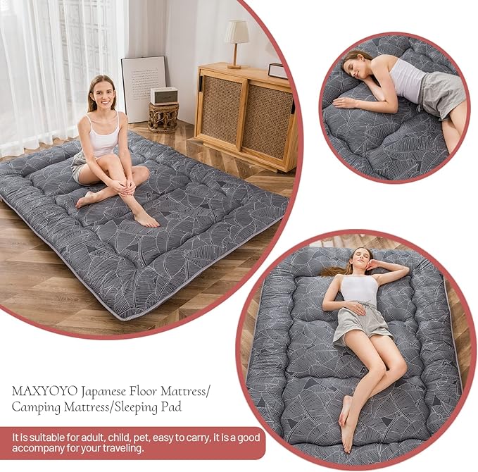 MAXYOYO Black Leaf Printed Japanese Futon Floor Mattress, Thicken Sleeping Pad Floor Bed Roll Up Camping Guest Mattress Folding Couch Bed, Queen Size