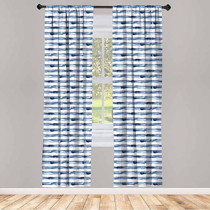 Ambesonne Harbour Stripe Window Curtains, Watercolor Style Paintbrush Stripes Sea Marine Life Lines Image, Lightweight Decor 2-Panel Set with Rod Pocket, Pair of - 28" x 63", Blue Night