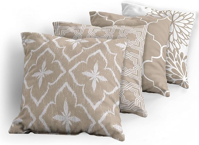 Ambesonne Vintage Throw Pillow Cushion Case Pack of 4, Monochrome Design Grid Trellis Quatrefoil Mesh and Dahlia Flowers Modern Print, Modern Accent Double-Sided Digital Printing, 18", Tan and White