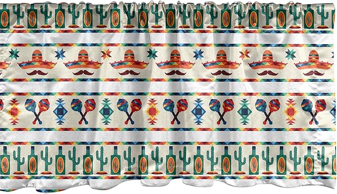Ambesonne Mexican Window Valance, Latin American Cultural Native Borders Indigenous Saguaro Sombrero Tequila Bottle, Curtain Valance for Kitchen Bedroom Decor with Rod Pocket, 54" X 18", Jade Green