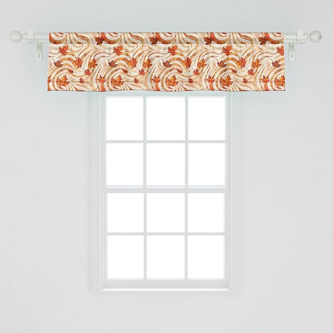 Ambesonne Fall Window Valance Pack of 2, Autumnal Theme with Swirly Intricate Shapes and Flying Leaves Print, Rod Pocket Curtain Valances for Kitchen Bedroom, 54" X 12", Ginger Marigold and Beige