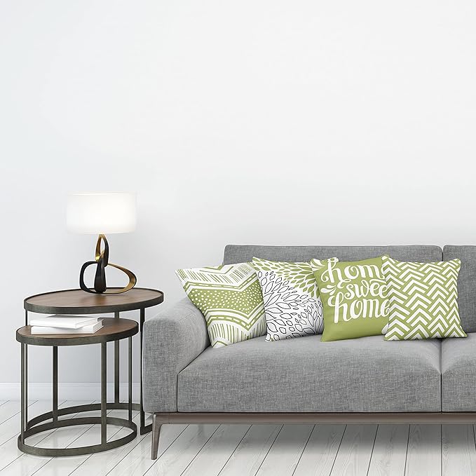 Ambesonne Geometric Throw Pillow Cushion Case Pack of 4, Home Phrase Minimal Zigzag Squama Dahlia Flower Petals Chevron Tribal, Modern Accent Double-Sided Digital Printing, 16", Green and White