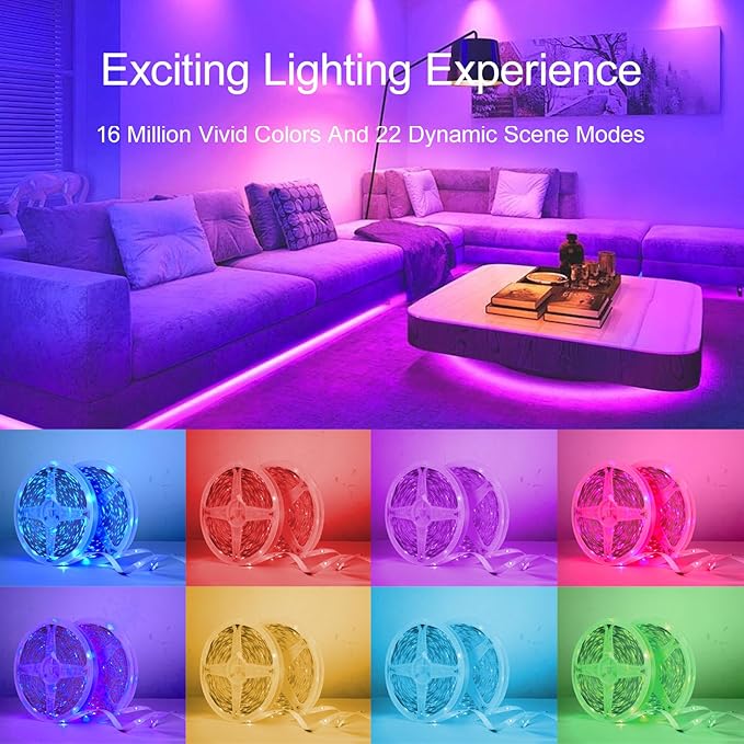 50 FT LED Lights For Bedroom, Music Synchronized RGB Color Changing LED Strip Lights, With 44 Key Infrared Remote Control and Application Control, Room Home Living Room Kitchen Decoration Party