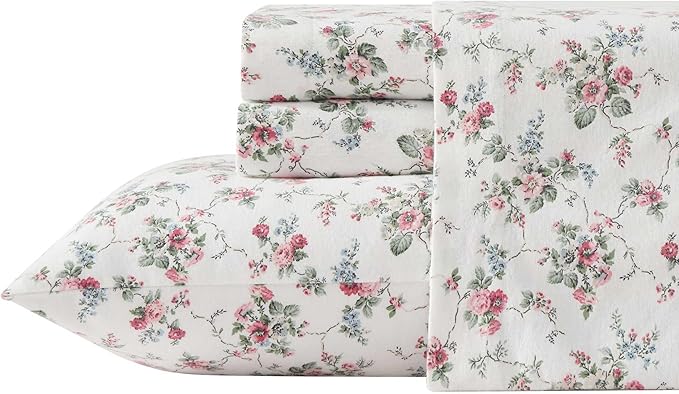 Laura Ashley - Flannel Sheets King Size, Anti-Pilling & Wrinkle Resistant Cotton, Touchably Soft for All-Season Comfort - Bed Sheets with Matching Pillowcases & Fitted Sheet (Le Fleur Pink)