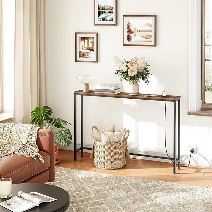 HOOBRO 47.2" Narrow Console Table with Power Outlet, 5.9" Behind Couch Table with Charging Station, Long Sofa Side Table, Skinny Entryway Table for Living Room, Hallway, Foyer, Rustic Brown BF15XG01G1