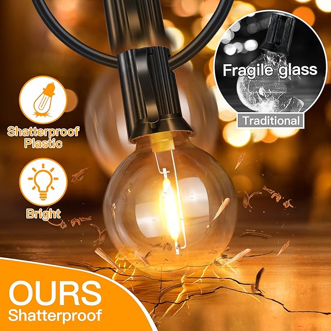 Ollny 25FT Outdoor String Lights, Waterproof Connectable Shatterproof Outside Light with 13 Edison + 1 Spare LED Bulbs Plug in, Patio Lights for Indoor Balcony Porch Camping Deck