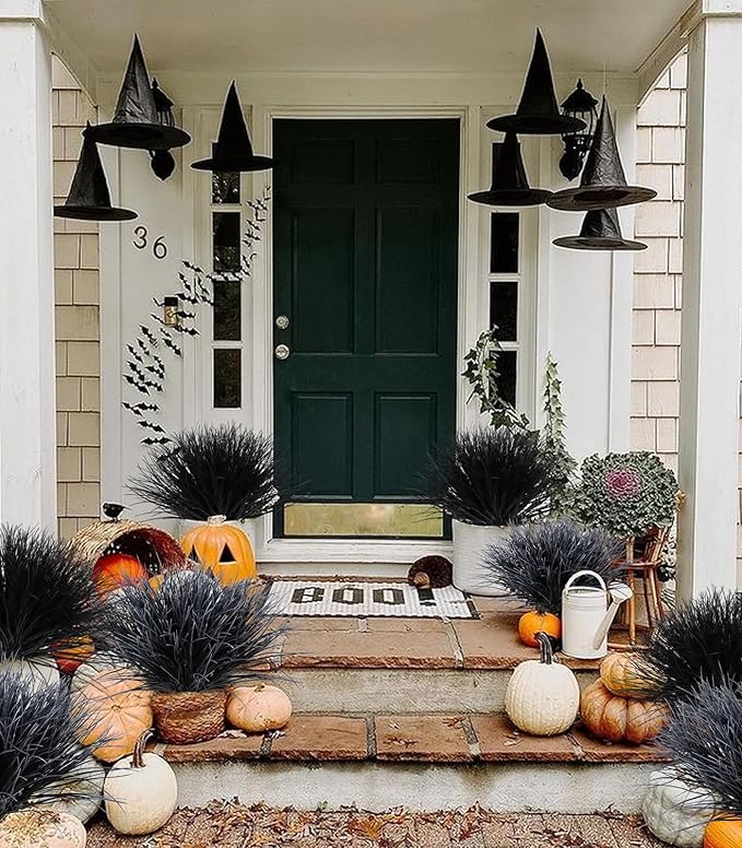 Black and White Plants Halloween Faux Flowers,Artificial Onion Grass Fake UV Resistant Outdoor Shrubs Plants Flowers Greenery Stems Faux Wheat Grass for Garden Home Window Box Porch Decor(Black White)