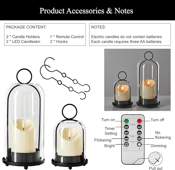 5"&4" Metal Candle Holder with Handmade Glass Dome in Brass & 2 Timer Candles, Set of 2 Versatile Hurricane Glass Candle Holders for Pillar Candles & Plants