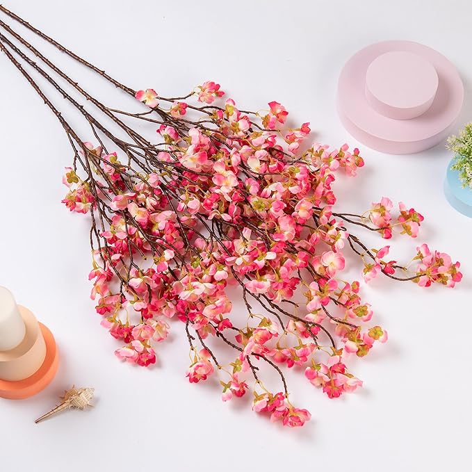4 Pcs Artificial Cherry Blossom Flower Branches, Bulk Silk Faux Flowers Real Touch Bouquet for Home Wedding Party Centerpieces Spring Summer Decor, Vase Not Included(Deep Pink)