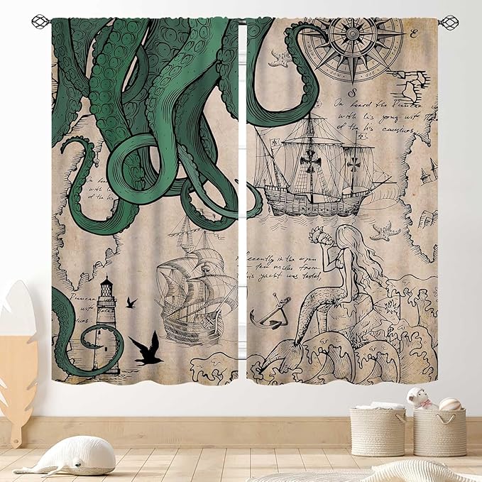 Nautical Octopus Curtains, Coastal Old Pirate Map Sailboat Compass Vintage Magic Ocean Kraken Octopus Tentacles Window Drapery Treatment for Bedroom Living Room Kitchen Bathroom 2 Panels, 52"x84" Inch