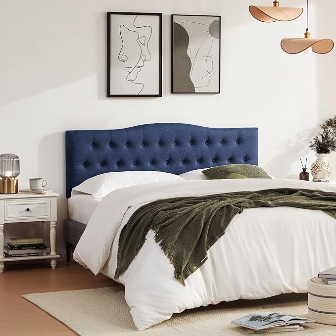 Tufted Upholstered Headboard Queen Size, Sturdy & Durable Solid Wood Bed headboard, Fabric Headboard Adjustable Height from 37” to 51”, Modern Button Diamond Design Head Board, Blue