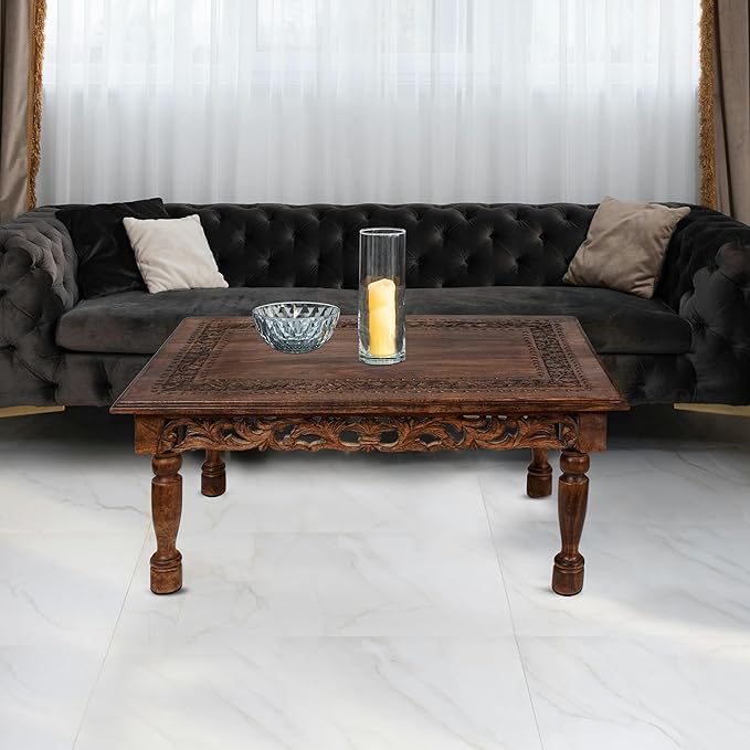 Rectangular Wooden Coffee Table Cutwork Jali Carving, Farmhouse Coffee Table, Rustic Center Table, Mid Century, Rustic and Modern Style Living Room Furniture - 36x24x18 Inch Burnt