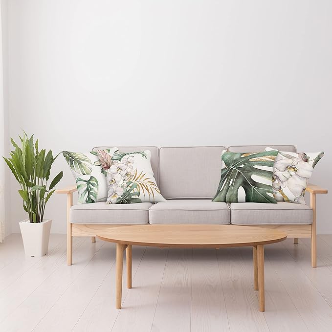 Ambesonne Vintage Tropical Throw Pillow Cushion Case Pack of 4, Retro Botanical Summer Vibes Monstera Leaf Orchid Flowers, Modern Accent Double-Sided Digital Printing, 20", Laurel Green Ginger Blush