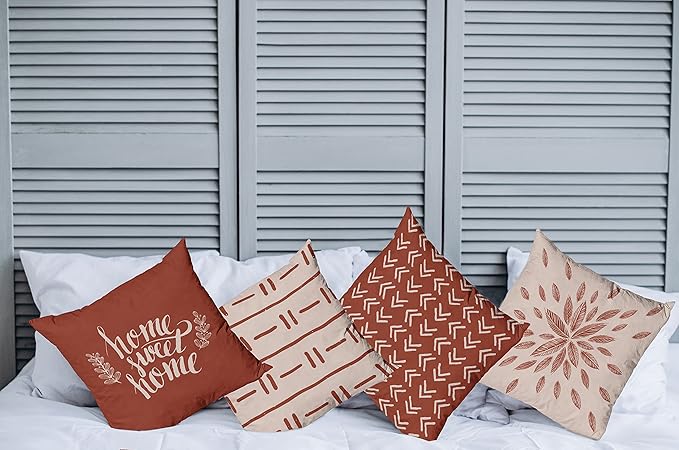 Ambesonne Modern Throw Pillow Cushion Case Pack of 4, Scandinavian Minimal Ornaments Boho Feather Leaves and Home Phrase Print, Modern Accent Double-Sided Digital Printing, 20", Pale Tan and Dark Rust