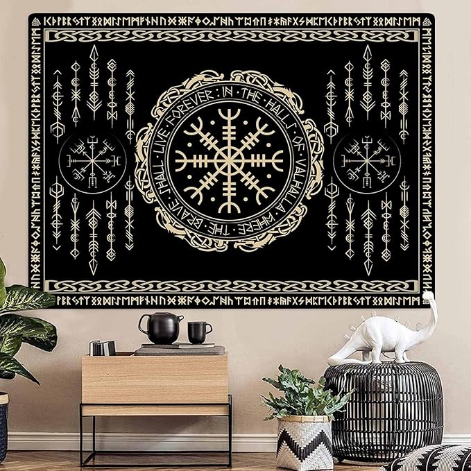 OSUNBD Nordic Vikings Tapestry Large 106x70inches Soft Flannel Vegvsir Symbol Amulet Celtic Rune Scandinavian Aesthetic Mythology Tapestry Wall Hanging for Bedroom Living Room Decor
