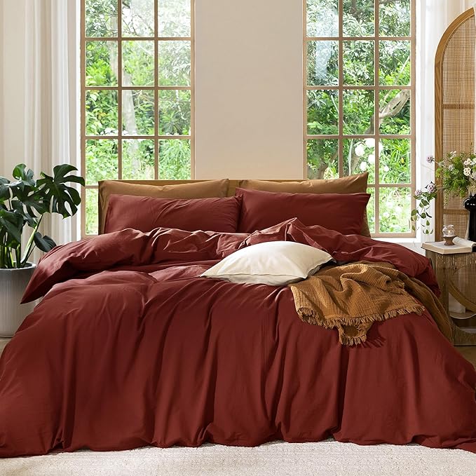 MooMee Bedding Duvet Cover Set 100% Washed Cotton Linen Like Textured Breathable Durable Soft Comfy (Solid Fired Brick Red, Cal King 104"x98")