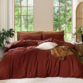 MooMee Bedding Duvet Cover Set 100% Washed Cotton Linen Like Textured Breathable Durable Soft Comfy (Solid Fired Brick Red, Cal King 104"x98")
