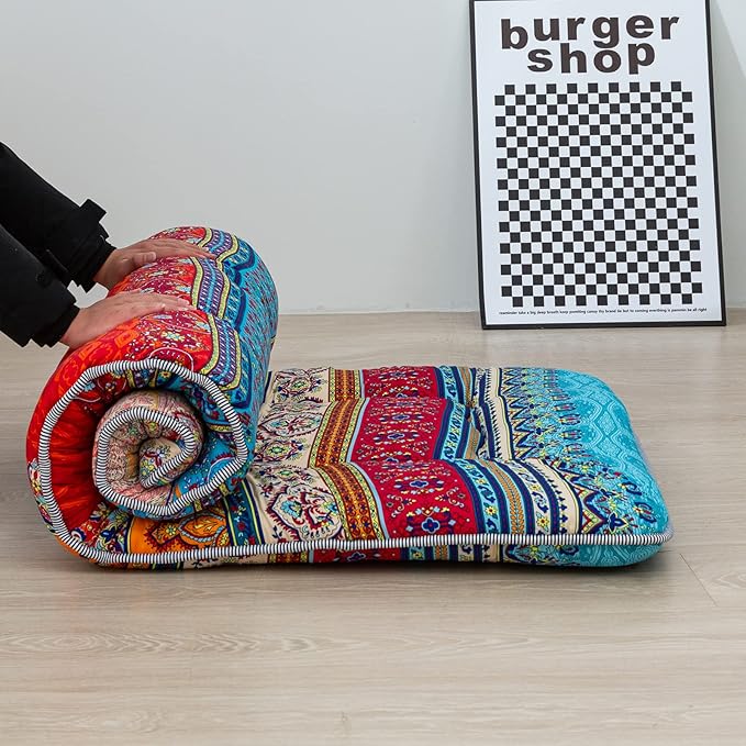 MAXYOYO Cot Mattress Bohemian Floor Bed, Japanese Floor Mattress Narrow Twin Futon Single Bed for Adults, Foldable Futon Roll Up Mat for Camping