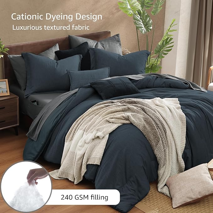 Monbix Twin XL Comforter Set Navy Blue, Cationic Dyeing Bedding Set Reversible 5 Pieces, All Season Bed in a Bag with Comforter, Sheets, Pillowcase & Sham