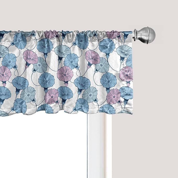 Ambesonne Flower Window Valance Pack of 2, Delicate Pastel Spring Trill Bindweeds, Rod Pocket Curtain Valances for Kitchen Bedroom, 42" X 12", Blue Grey Mauve