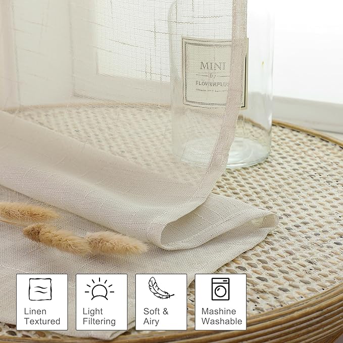 Aiyufeng Faux Linen Sheer Curtains 45 Inch Length 2 Panels, Short Linen Curtains for Kitchen, Small Window Curtains Window Treatment Privacy with Light Filtering for Cafe/Bathroom, Each 30Wx45L Inch