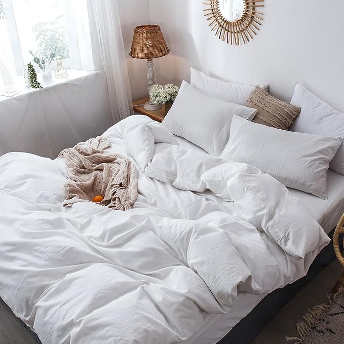 MooMee Bedding Duvet Cover Set 100% Washed Cotton Linen Like Textured Breathable Durable Soft Comfy (Solid Off White, Super King 108"x98")