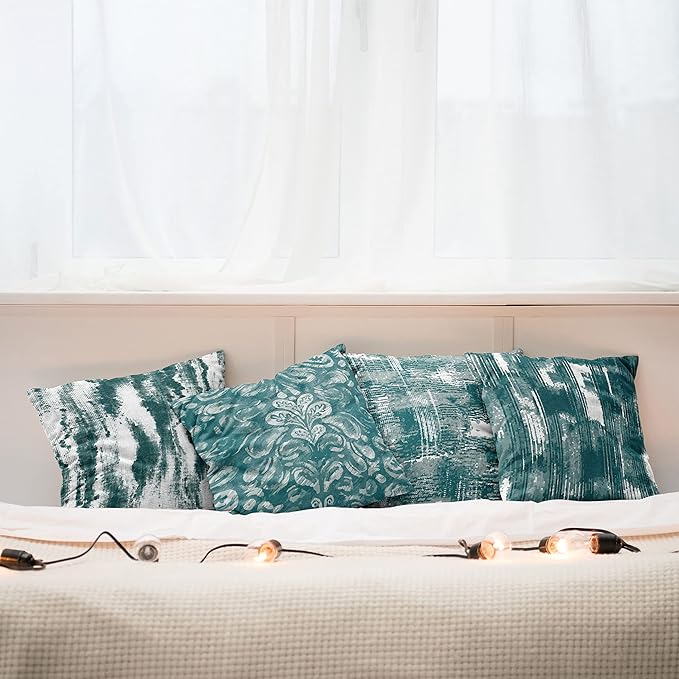 Ambesonne Vintage Throw Pillow Cushion Case Pack of 4, Abstract Grunge Effect Brushstrokes Waving Striping Stains Paisley Drops, Modern Accent Double-Sided Digital Printing, 24", Dark Sea Green Teal