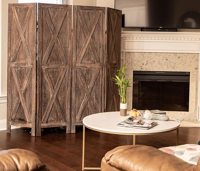 Premium Home 6-Panel Room Divider – Rustic Brown Barn Door, X Pattern Folding Privacy Screen, Partition Wall