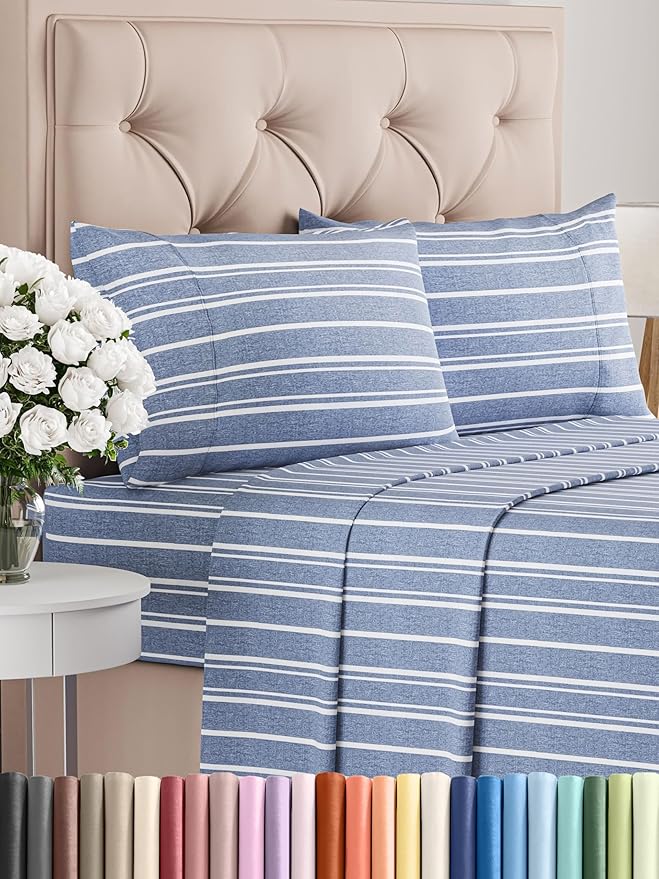 Twin XL 4 Piece Sheet Set - Comfy Breathable & Cooling - Soft Hotel Luxury Bedding Set with 8-16 Inch Deep Pockets - 1 Flat & 1 Fitted Sheet & 2 Pillowcases - Wrinkle Free & Easy Care - Blue Stripes 3