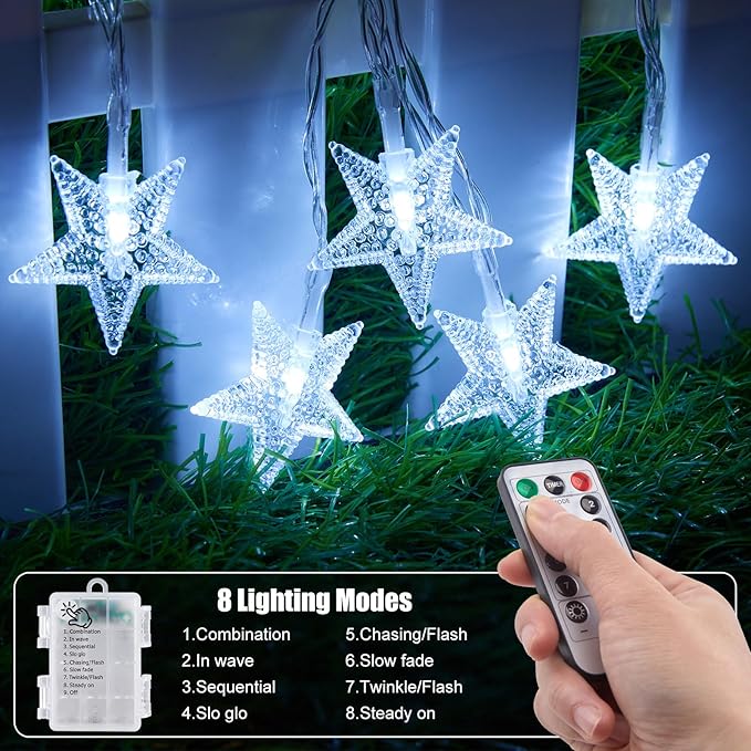 Brightown Star String Lights Battery Operated - 2 Pack 17 ft 50 LED Star Fairy String Lights with Remote and Timer, 8 Modes Waterproof for Bedroom Tent Loft Bed Patio Party Wedding Decor, White