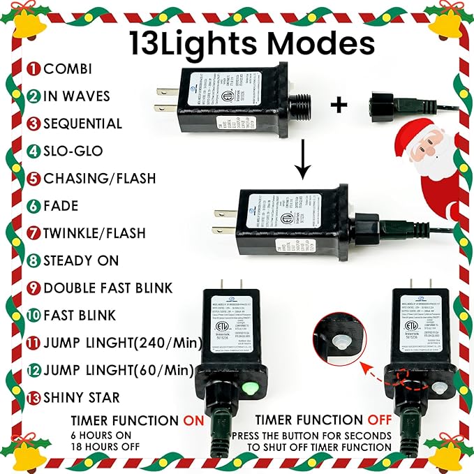 Connectable 100LED 42Ft 13Modes Christmas String Lights Indoor Outdoor | Extendable Green Wire Cool White Christmas Tree Lights with Timer | Twinkle Fairy Light Plug in for Xmas Tree(Cool White)