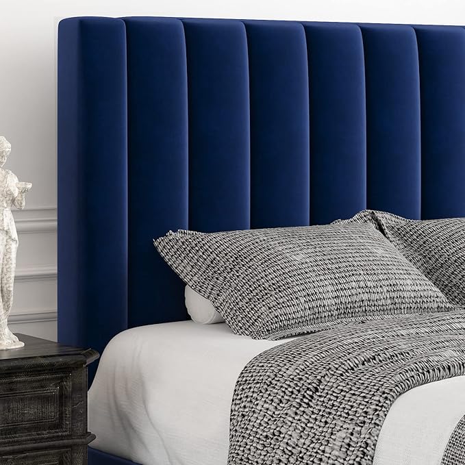 Allewie Queen Platform Bed Frame/Velvet Upholstered Bed Frame with Vertical Channel Tufted Headboard/Strong Wooden Slats/Mattress Foundation/Box Spring Optional/Easy Assembly/Navy Blue