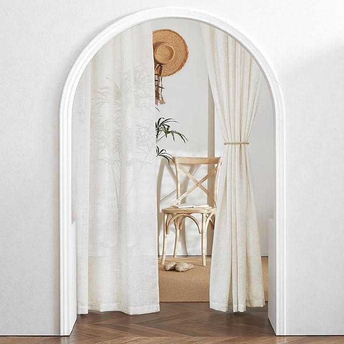 RYB HOME Semi Sheer Curtains - Linen Blend Privacy Curtains Sheer Window Treatment Drapes Farmhouse Decor for Bedroom Living Room Sliding Glass Door, 52 inch Wide x 95 inch Long 2 Panels, Linen