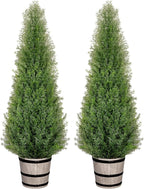 4FT Artificial Cedar Topiary Trees with Rustic Barrel Planter, Outdoor Indoor Realistic Faux Pine Shrubs Plants, Fake Cypress Trees for Home Offices Porch Decor, Set of 2